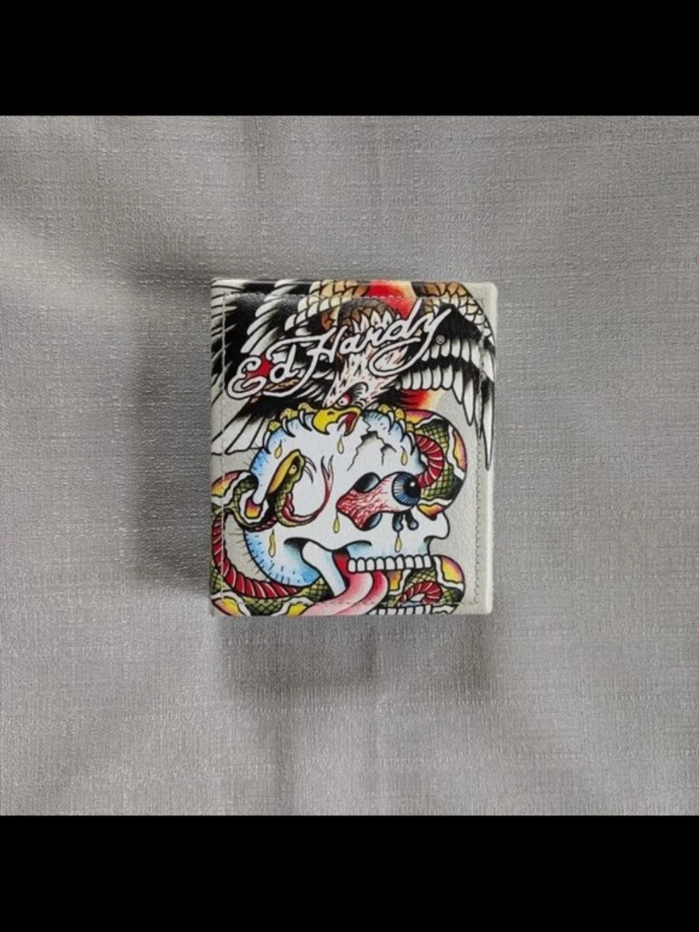 Ed Hardy Skull And Rose Tattoo Print Faux Leather Wallet New!